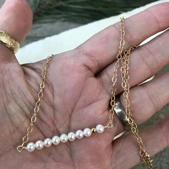 Cultured Freshwater Pearl, Pearl Bar Necklace, 3mm Pearl Necklace - Picture 3 of 3